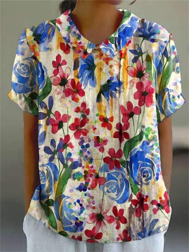 Colorful Watercolor Floral Field Printed Women's Casual Cotton And Linen Shirt