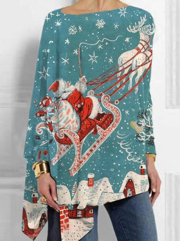 Christmas Santa Print Mid-Length Irregular Tops