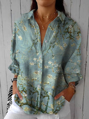 Elegant And Gentle Flowers Printed Three-Quarter Sleeves Cotton And Linen Shirt