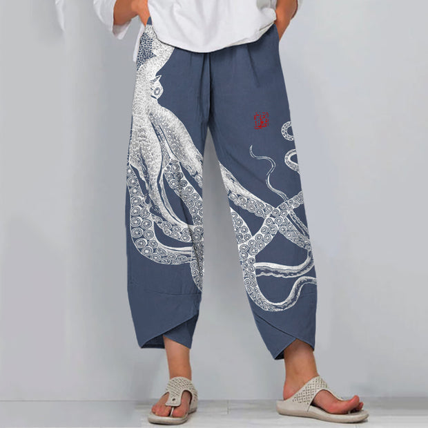 Japanese Octopus Art Print Loose Casual Pants