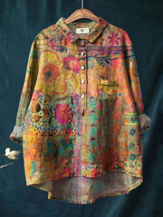 Women's Vintage Flower Art Print Casual Cotton And Linen Shirt