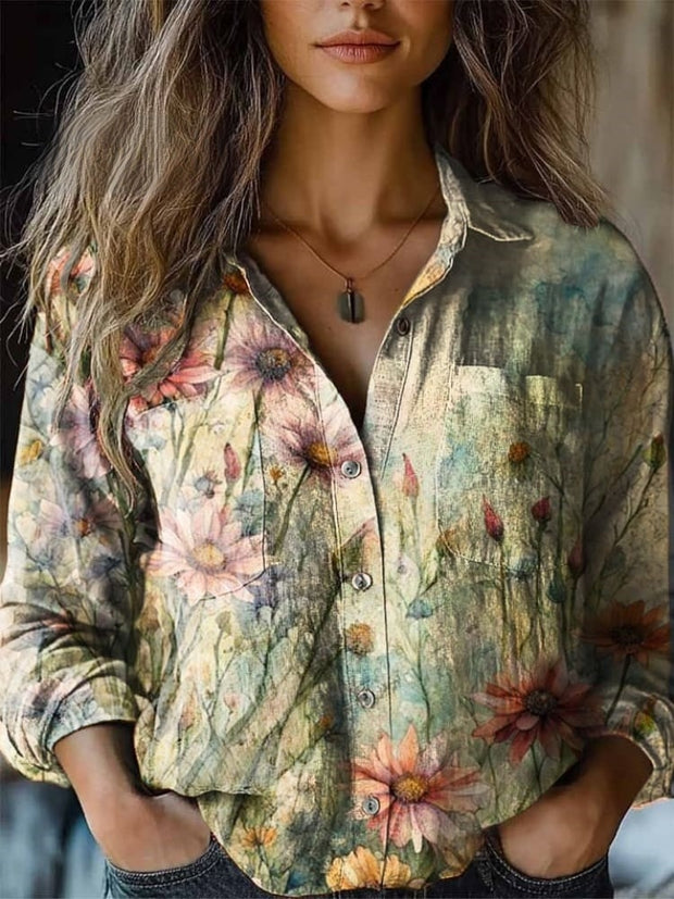 Women's Vintage Distressed Floral Print Casual Western Shirt