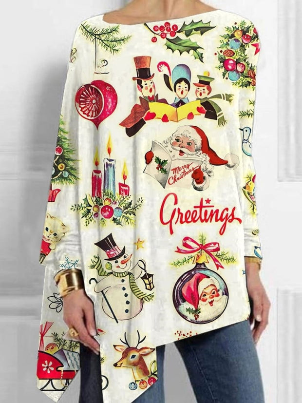 Merry Christmas Print Mid-Length Irregular Tops