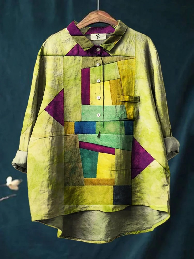 Simple Design Color Block Print Cotton And Linen Shirt