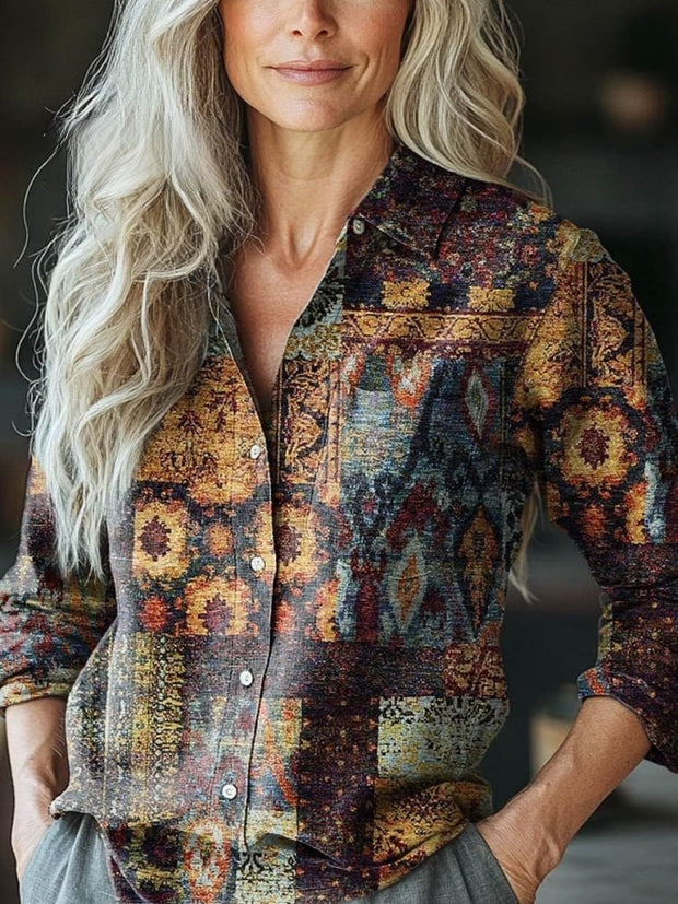 Women's Vintage Ethnic Pattern Art Print Casual Long Sleeve Comfortable Cotton Shirt