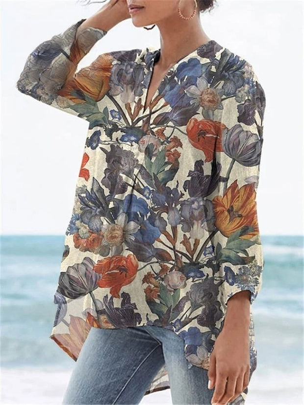 Vintage Style Floral Bouquet Pattern Printed Women's Casual Linen V-neck Shirt