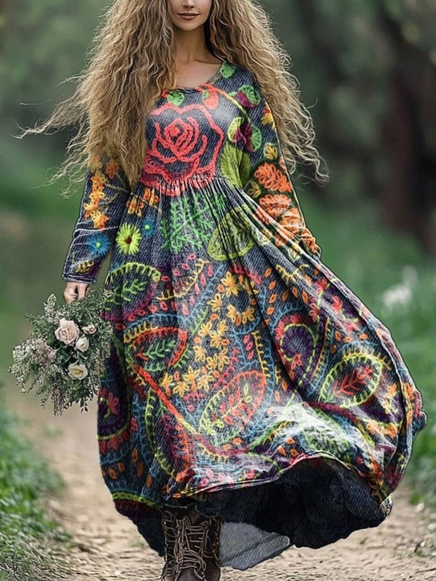 Women's Bohemian Embroidered Textured Floral Print Round Neck Pocket Cotton Dress