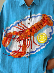 Women's Vintage Lovely Lobster Art Print Casual Cotton Linen Shirt