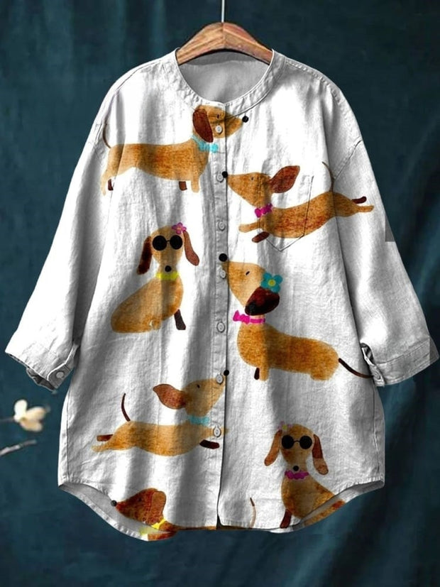 Women's Cute Dachshund Print Casual Cotton And Linen Shirt