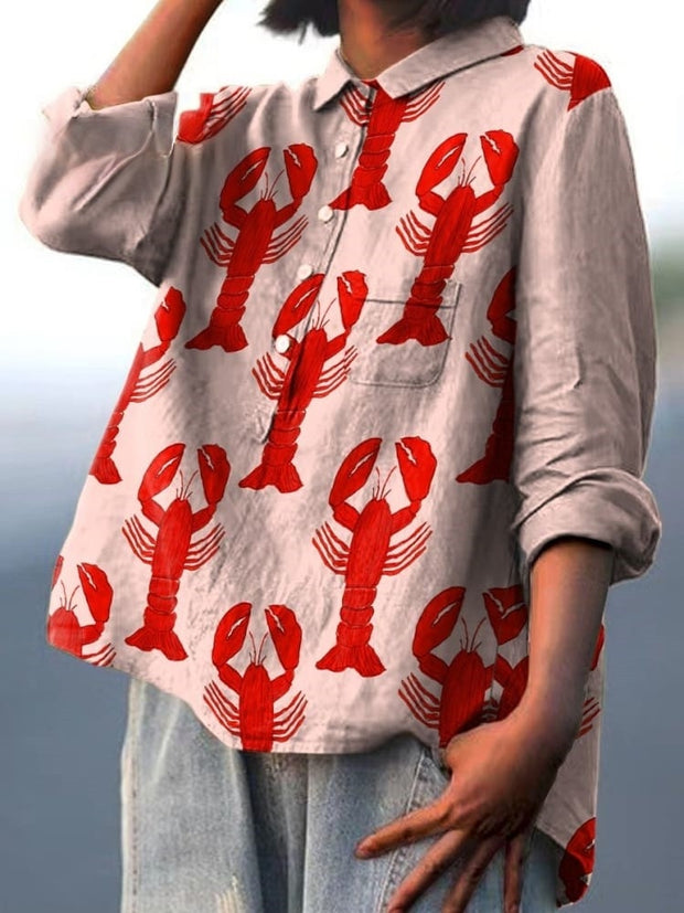 Decorative Pattern of Red Lobsters Arranged On Pink Background Casual Cotton And Linen Shirt