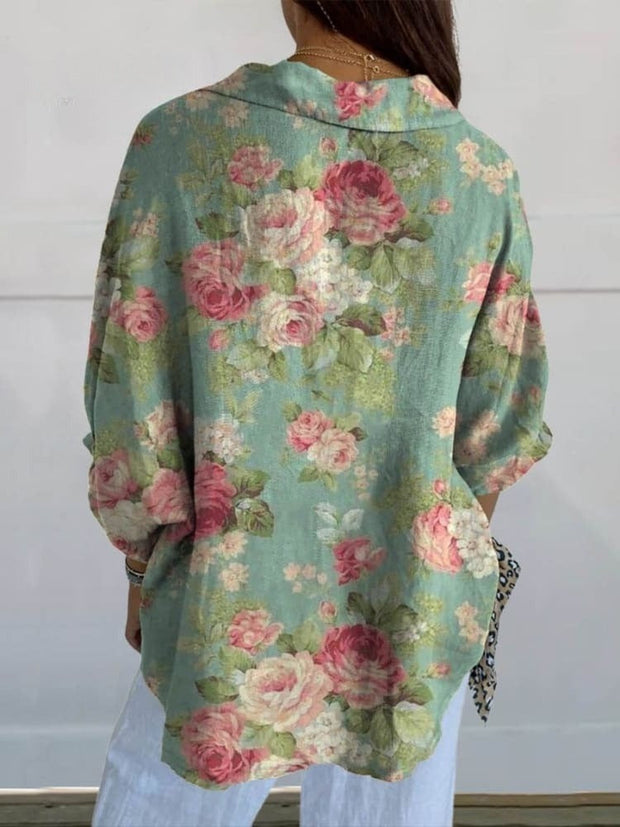 Women's Vintage Elegant Floral Art Print Casual Linen V-neck Shirt