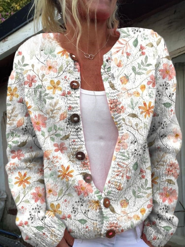 Cute and Fresh Little Flowers Print Buttoned Cardigan Sweater