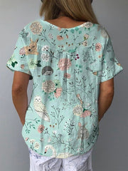 Lovely Spring Woodland Pattern Printed Women's Casual Cotton And Linen Shirt