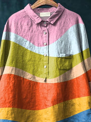 Multicolor Simple Wave Pattern Printed Women's Casual Cotton And Linen Shirt