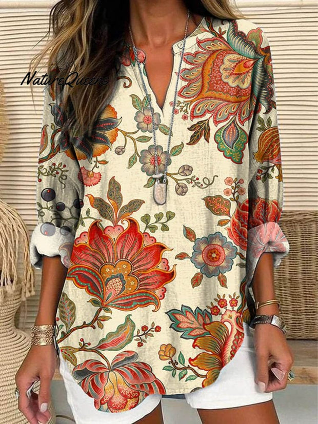 Women's Vintage Lovely Floral Art Print Casual Linen V-neck Shirt