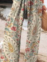 Women's Vintage Lovely Floral Art Printed Cotton And Linen Casual Pants