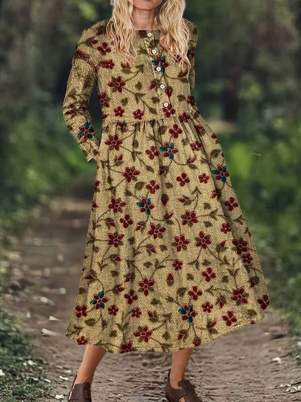 Women's Vintage Floral Long Sleeve Pocket Cotton Dress