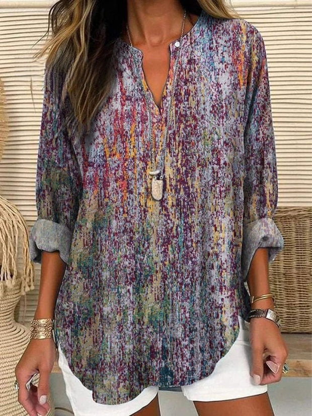 Women's Blue Ethnic Print Casual Linen V-neck Shirt