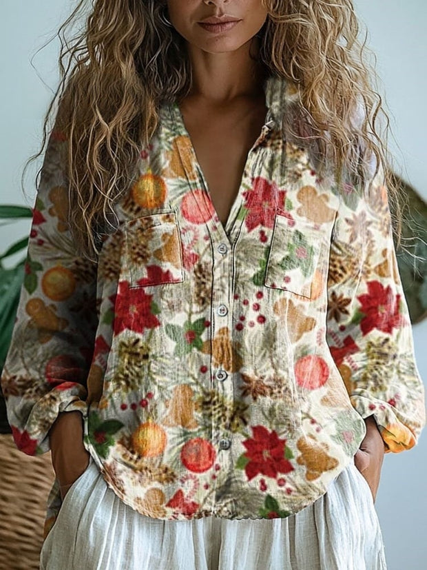 Women's Vintage Floral Art Print Casual Long Sleeve Comfortable Cotton Shirt