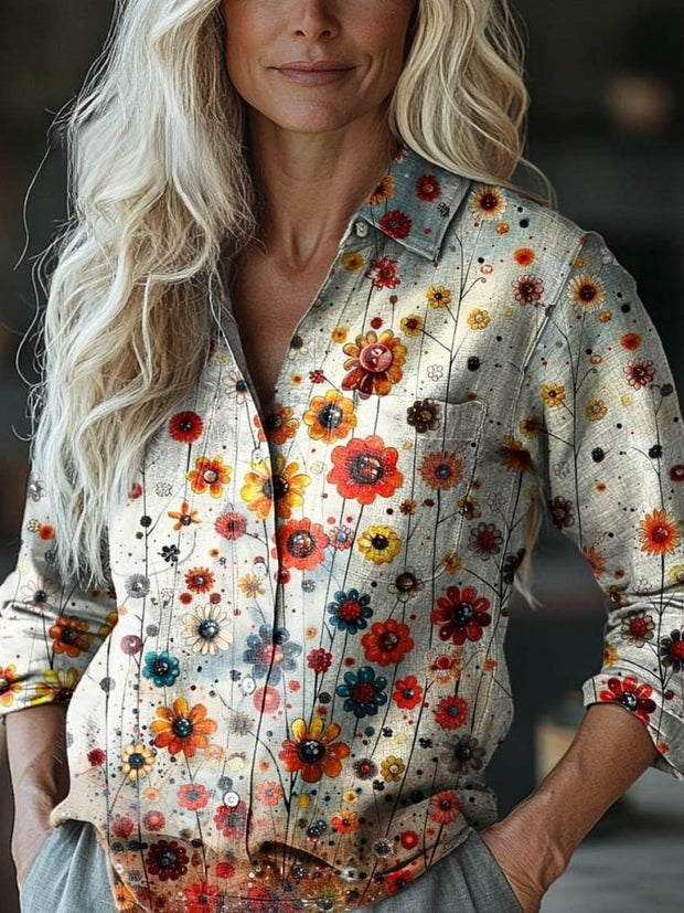 Women's Lovely Floral Art Print Casual Long Sleeve Comfortable Cotton Shirt