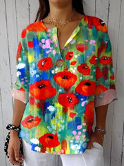 Women's Bright Flower Art Print Casual Cotton Shirt