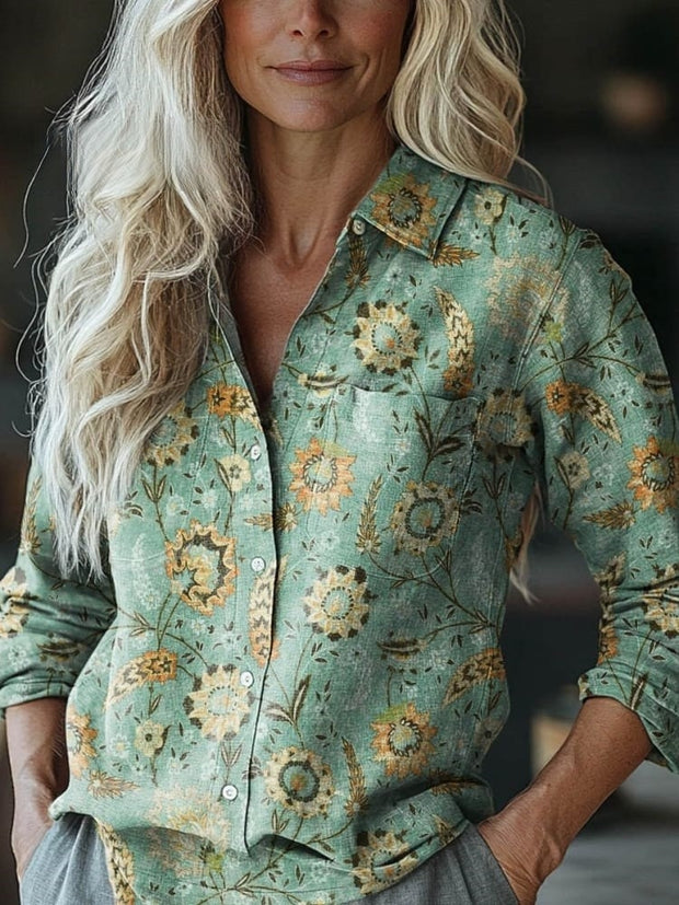 Women's Vintage Lovely Floral Art Print Casual Long Sleeve Comfortable Cotton Shirt