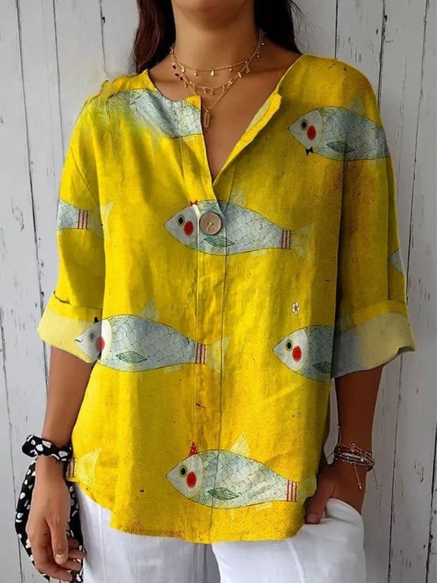 Women's Vintage Fish Art Print Casual Cotton And Linen Shirt