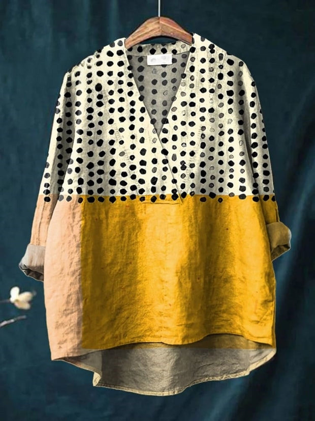 Women's Yellow Color-blocked Dots Print Casual Cotton And Linen V-neck Shirt