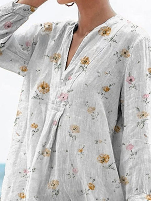 Petite Spring Floral Pattern Printed Women's Casual Linen V-neck Shirt