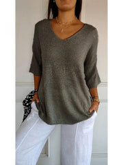 Women's Solid Color Knitted 3/4 Sleeve V-neck Top