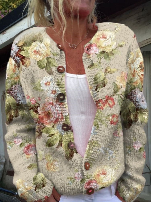 Retro Fresh Flowers Print Buttoned Cardigan Sweater