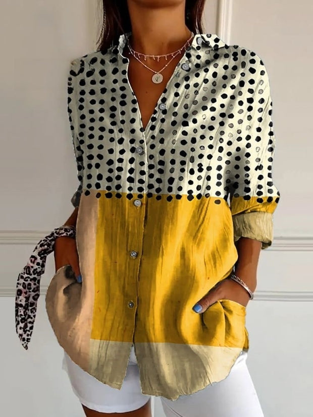 Women's Yellow Color-blocked Dots Print Casual Cotton Shirt