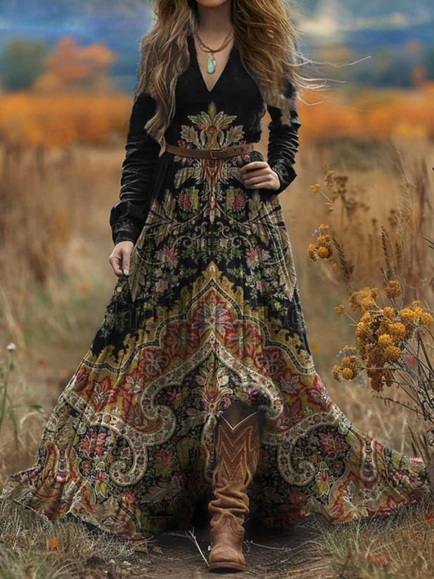 Women's Bohemian Ethnic Art Print V-Neck Long Sleeve Maxi Dress