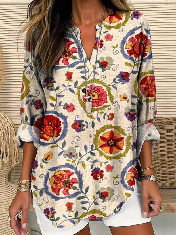 Women's Vintage Lovely Floral Art Print Casual Linen V-neck Shirt