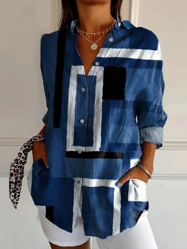 Women's Cowboy Blue Square Geometry Print Casual Cotton Shirt