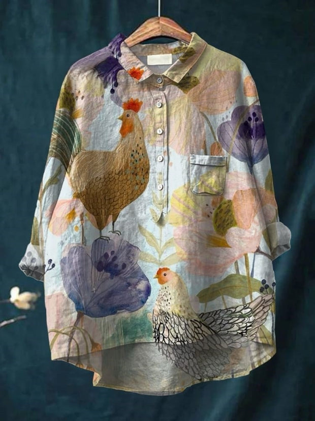 Chicken Print Casual Cotton And Linen Shirt