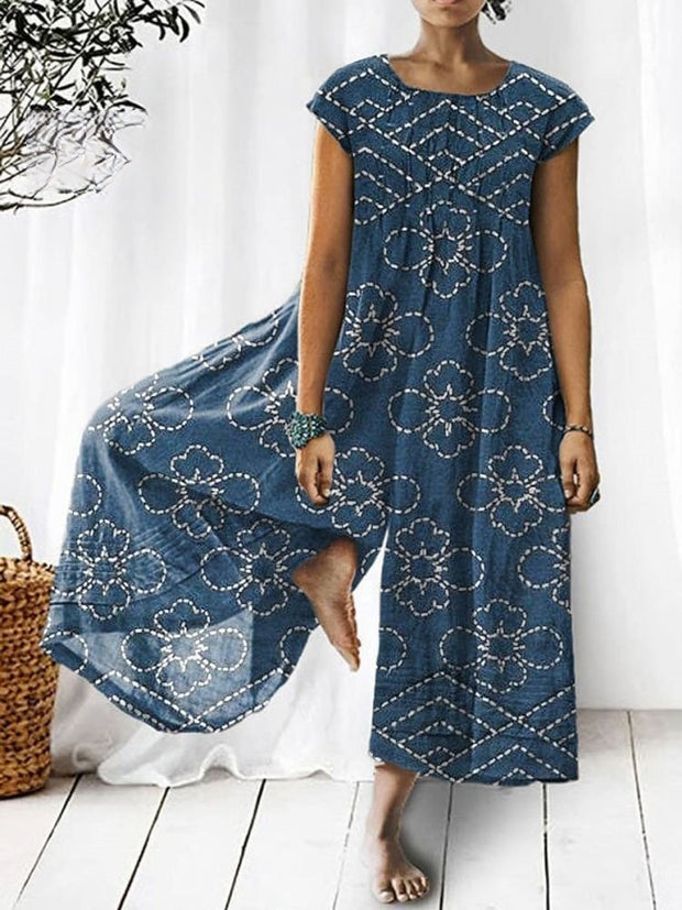 Women's Vintage Lovely Floral Art Print Casual Denim Jumpsuit