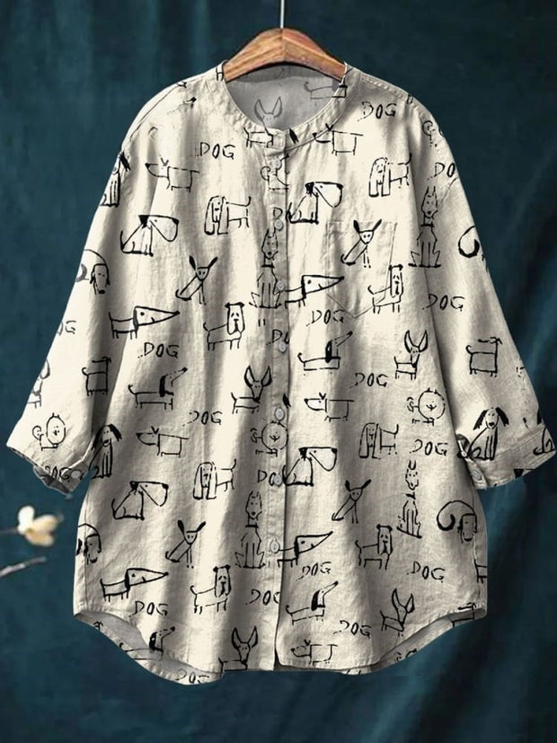 Women's Cute Dog Print Casual Cotton And Linen Shirt