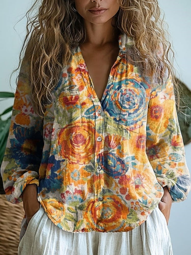 Women's Lovely Floral Art Print Casual Long Sleeve Comfortable Cotton Shirt