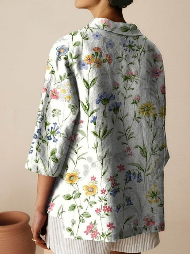 Women's Vintage Floral Art Print Casual Linen Cotton 3/4 Sleeve Shirt