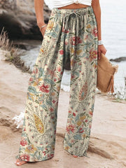 Women's Vintage Lovely Floral Art Printed Cotton And Linen Casual Pants