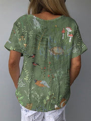 Woodland And Animals Pattern Printed Women's Casual Cotton And Linen Shirt