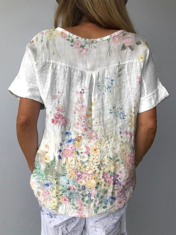 Women's Vintage Botanical Floral Print Casual Cotton And Linen Shirt