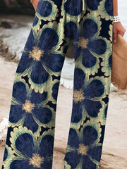 Women's Vintage Floral Art Printed Cotton And Linen Casual Pants