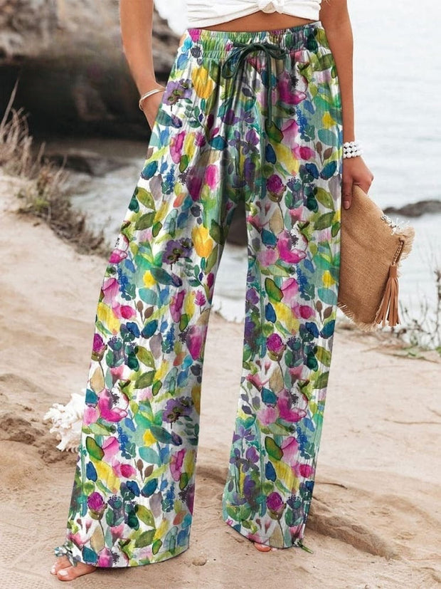 Abstract Floral Garden Printed Women's Cotton And Linen Casual Pants