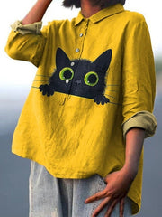 Lovely Cat In Summer Garden Art Printed Women's Casual Cotton And Linen Shirt