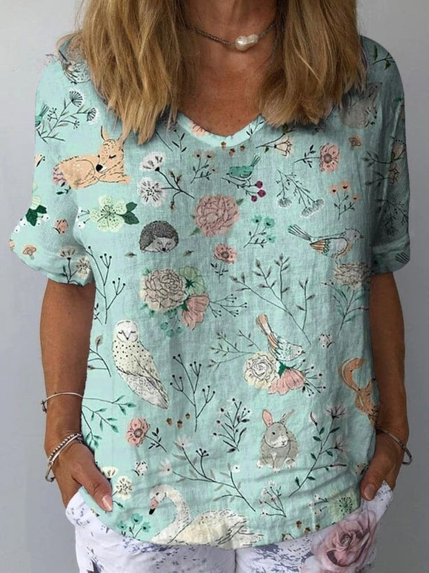 Lovely Spring Woodland Pattern Printed Women's Casual Cotton And Linen Shirt