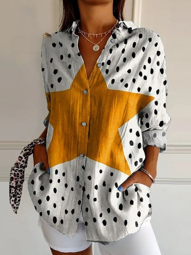 Women's Yellow Five-pointed Star Dots Print Casual Cotton Shirt