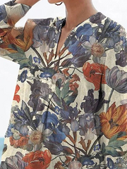 Vintage Style Floral Bouquet Pattern Printed Women's Casual Linen V-neck Shirt