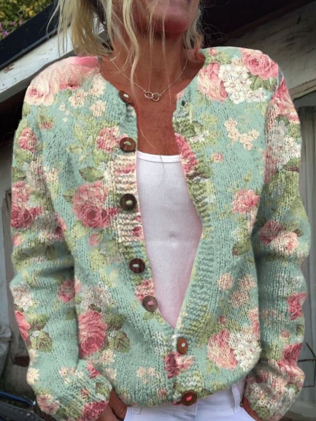 Lovely Meadows Floral Pattern Printed Buttoned Cardigan Sweater